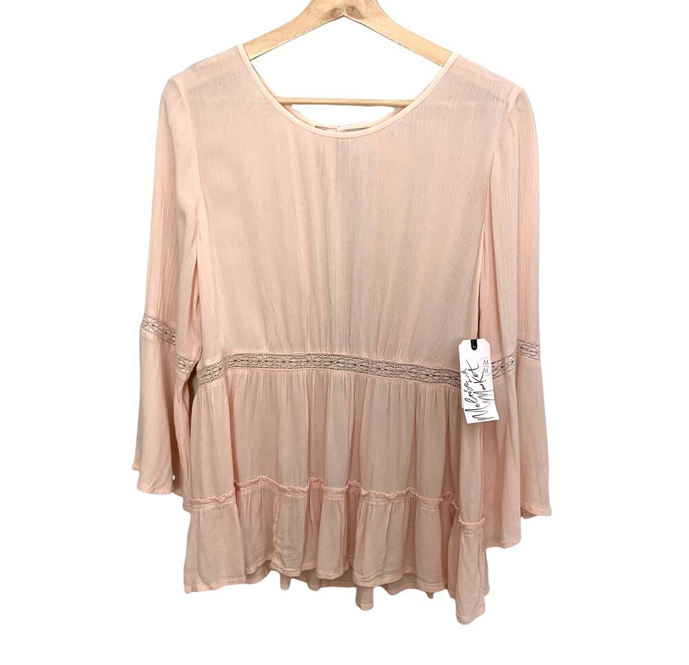 NWT Melrose Market Pink Top Blouse Tiered Peplum Lace Bell Flare Sleeve S Small